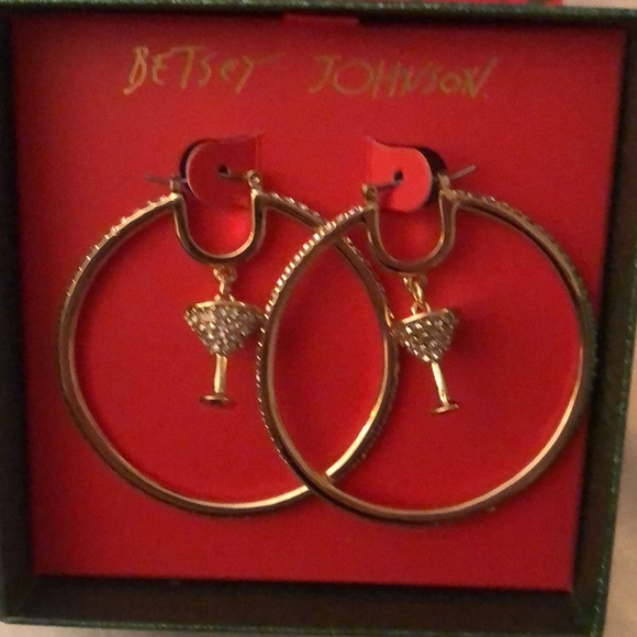 Betsey Johnson Gold Tone Hoop Earrings With Martini Charm & Crystal Accents NIB - Picture 2 of 13